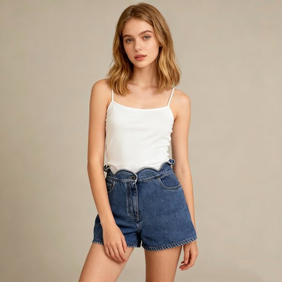 NWOT $890 VALENTINO GARAVANI Scalloped Denim Shorts Blue Size 28 High Waist